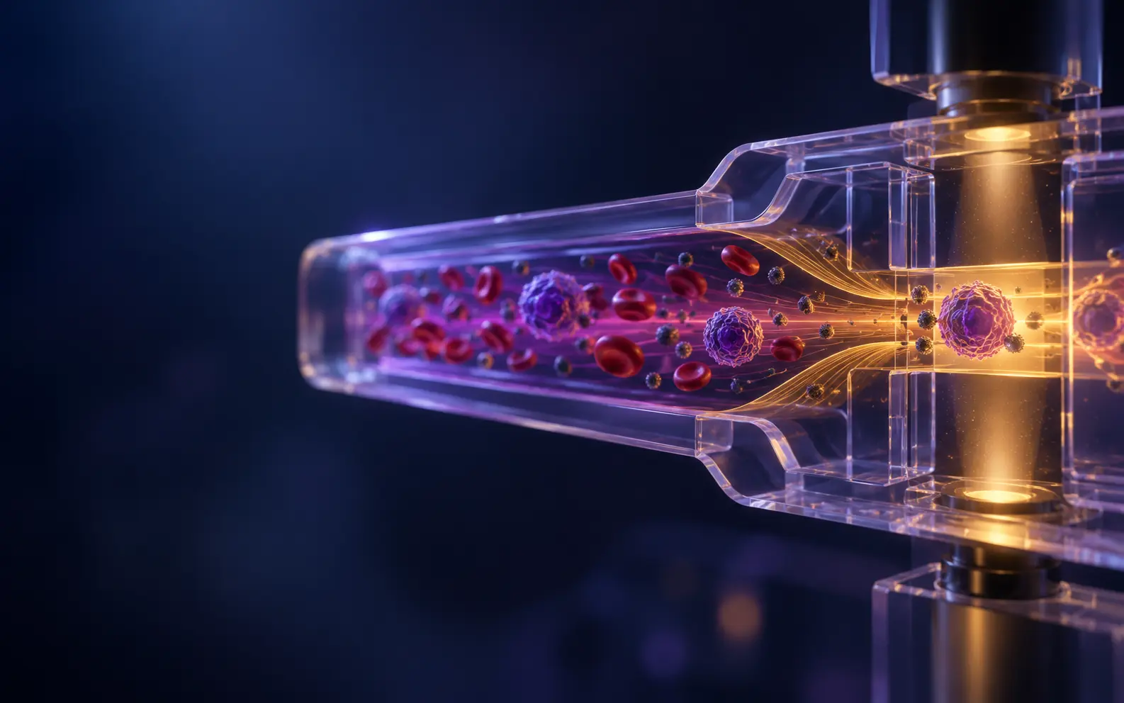 Conceptual visual of tumour cells moving through a microfluidic channel